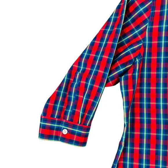 L.L. Bean Blouse Top Shirt Women's L‎ Red Blue Check Wrinkle Free Cotton Top - Picture 4 of 10